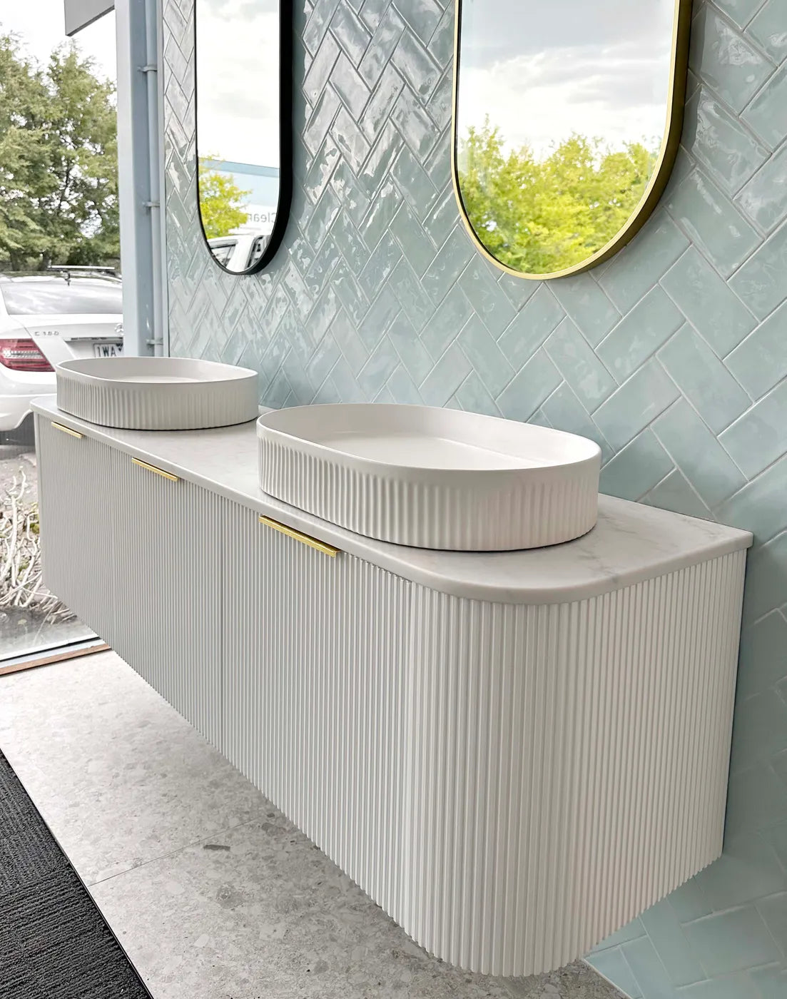 Otti Bondi Fluted Satin White Curve Wall Hung Vanity 1800mm