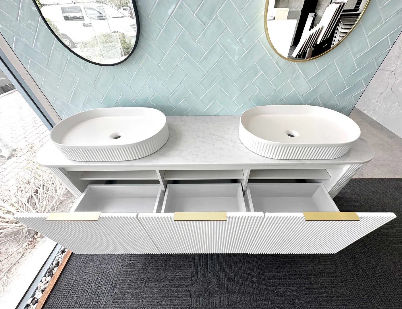 Otti Bondi Fluted Satin White Curve Wall Hung Vanity 1800mm