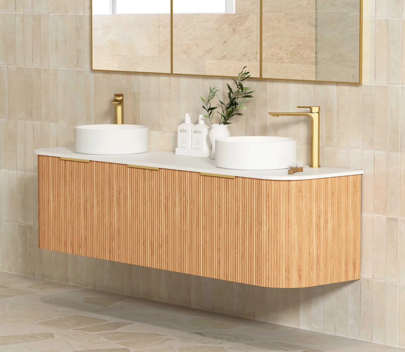 Otti Bondi Fluted Woodland Oak Curve Wall Hung Vanity 1800mm