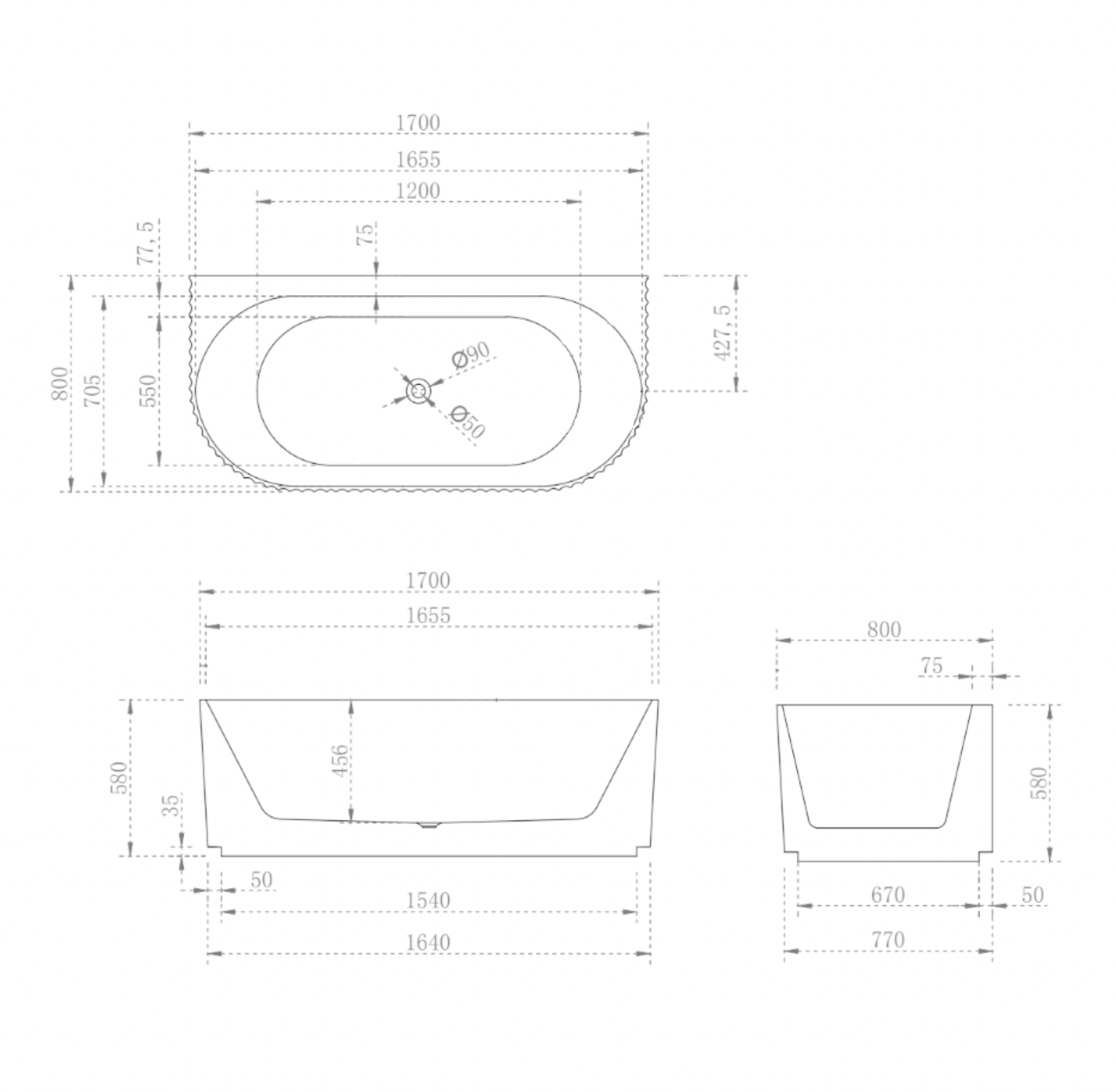 Donii Verona Groove Back to Wall Bath Matte White 1500/1700