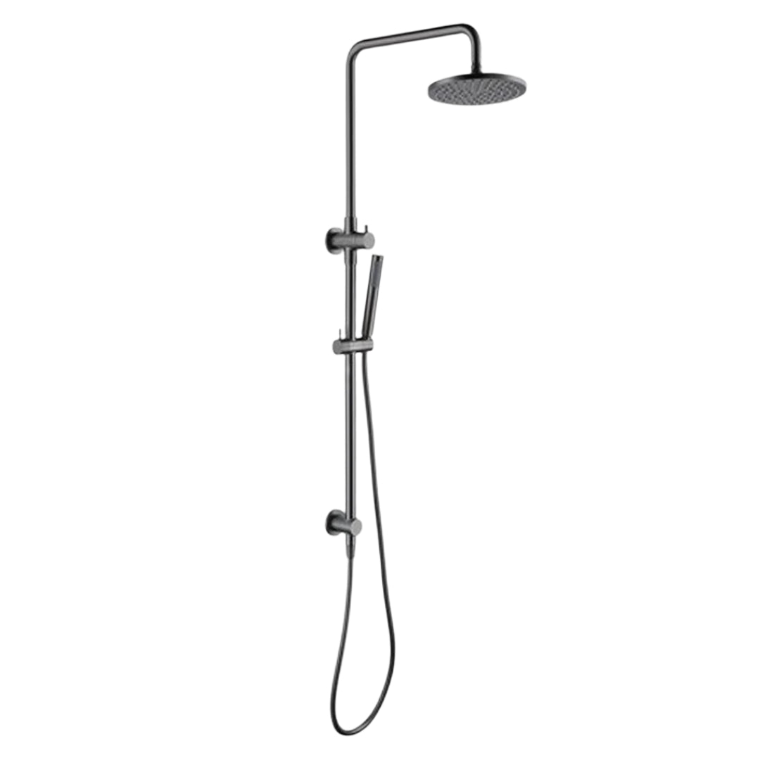 dual shower rail in brushed gunmetal with round overhead shower head and detachable hand held shower head