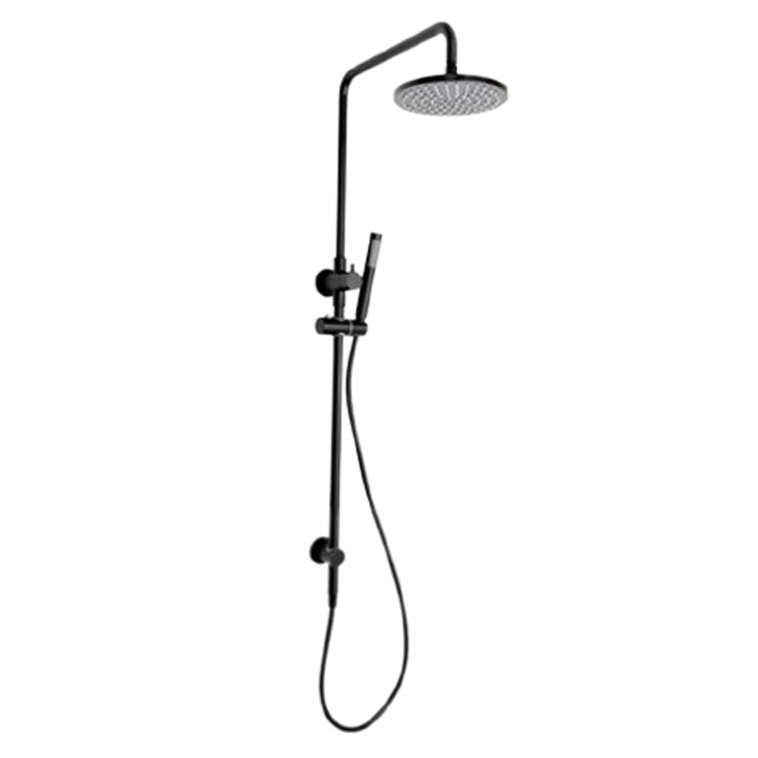 dual shower rail in matte black with round overhead shower head and detachable hand held shower head.