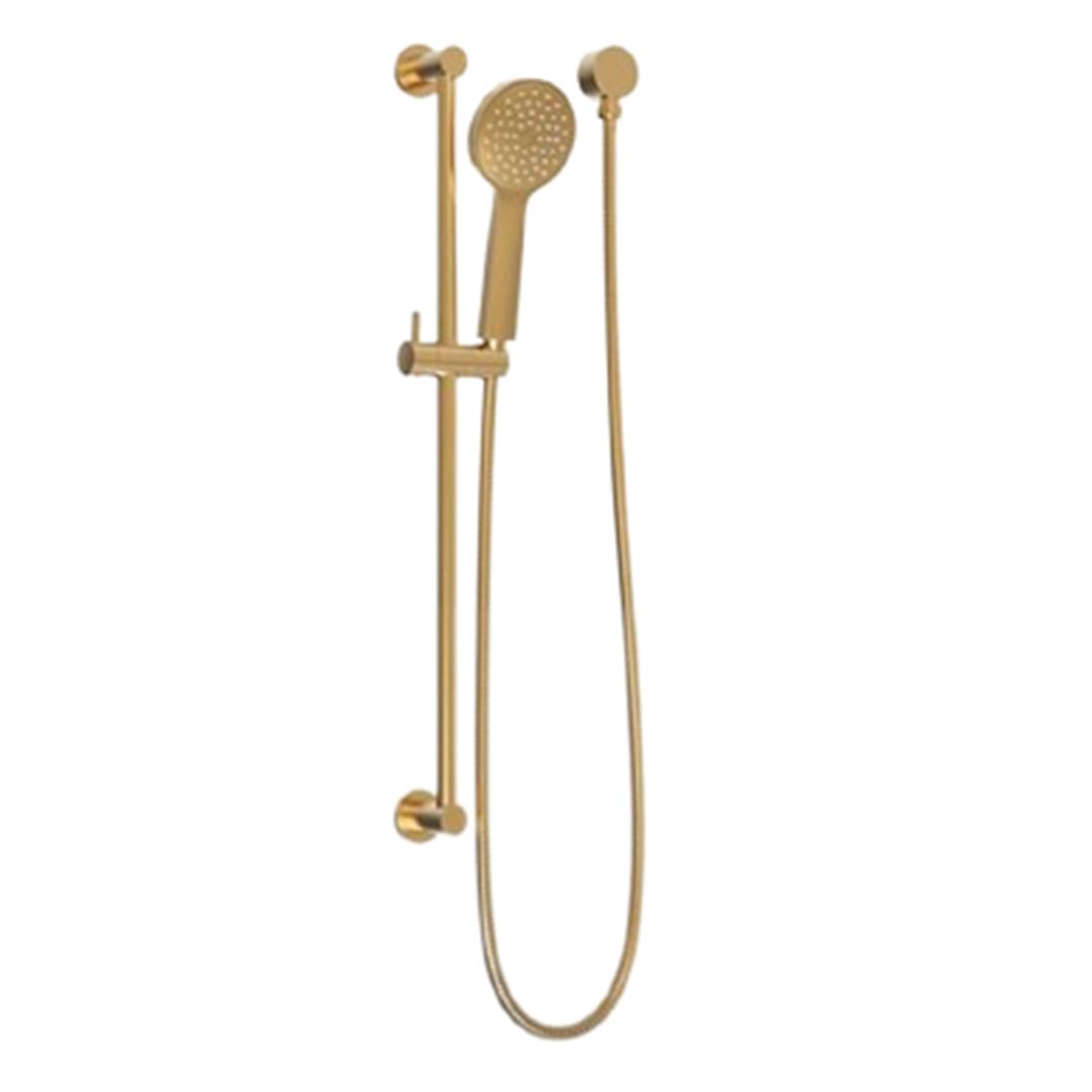 Brushed brass single rail shower with a hand-held shower head and a 1.5m long hose.