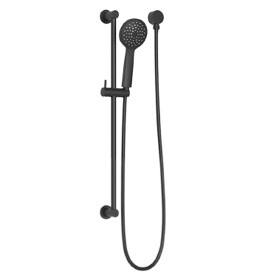 A matte black single rail shower with a larger head and two smaller attachment points, designed for flexibility in height adjustment.