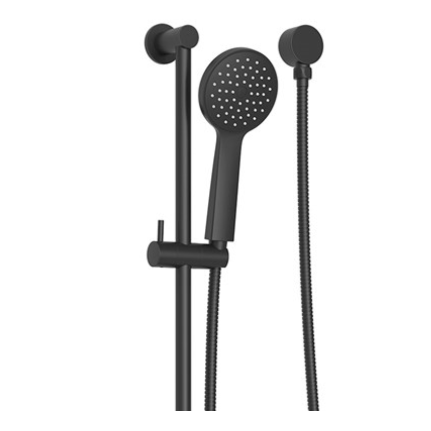 A matte black shower fixture set featuring a handheld shower head with a flexible hose, a wall-mounted slide bar, and a round wall mount.