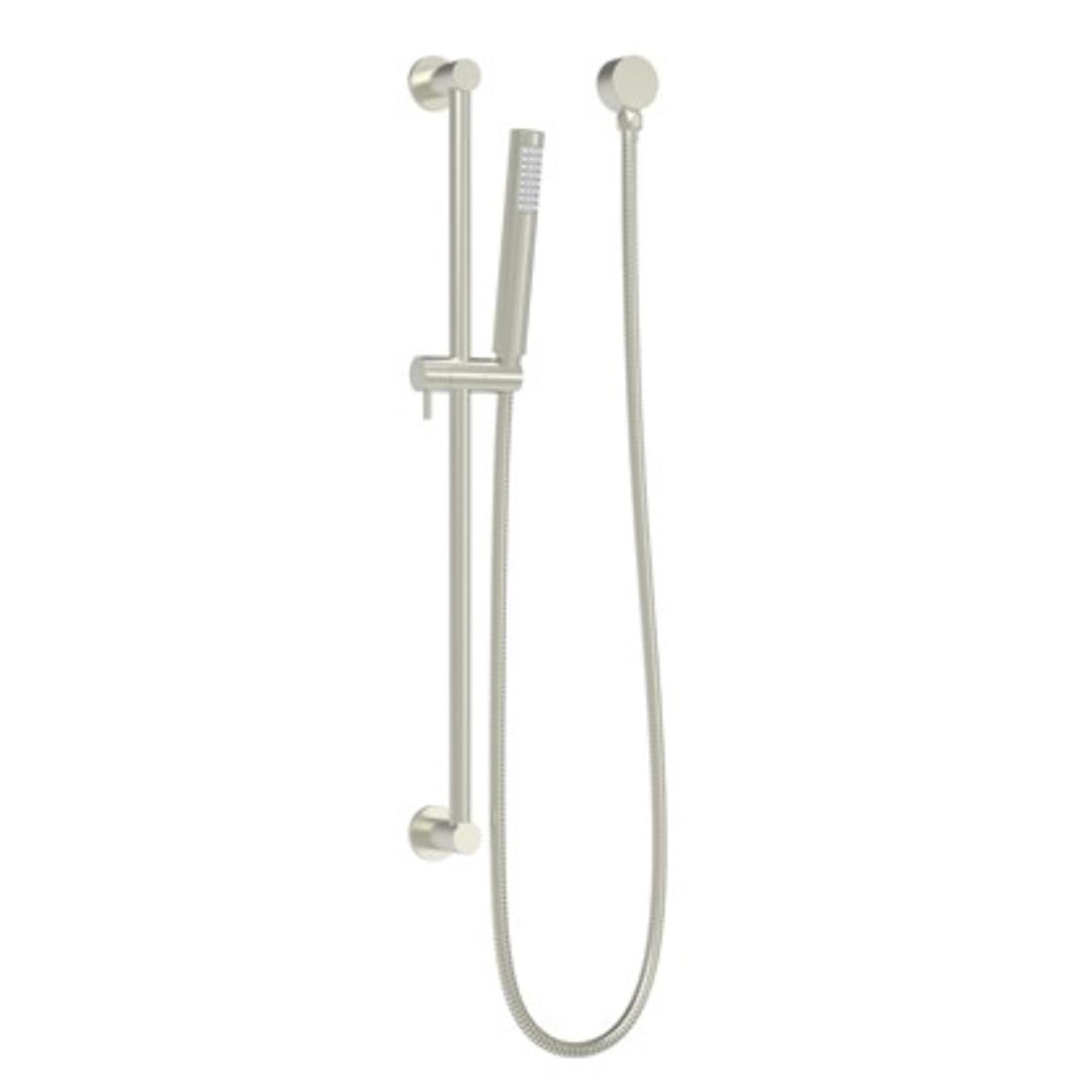 round adjustable cylindrical shape shower head on a rail brushed nickel