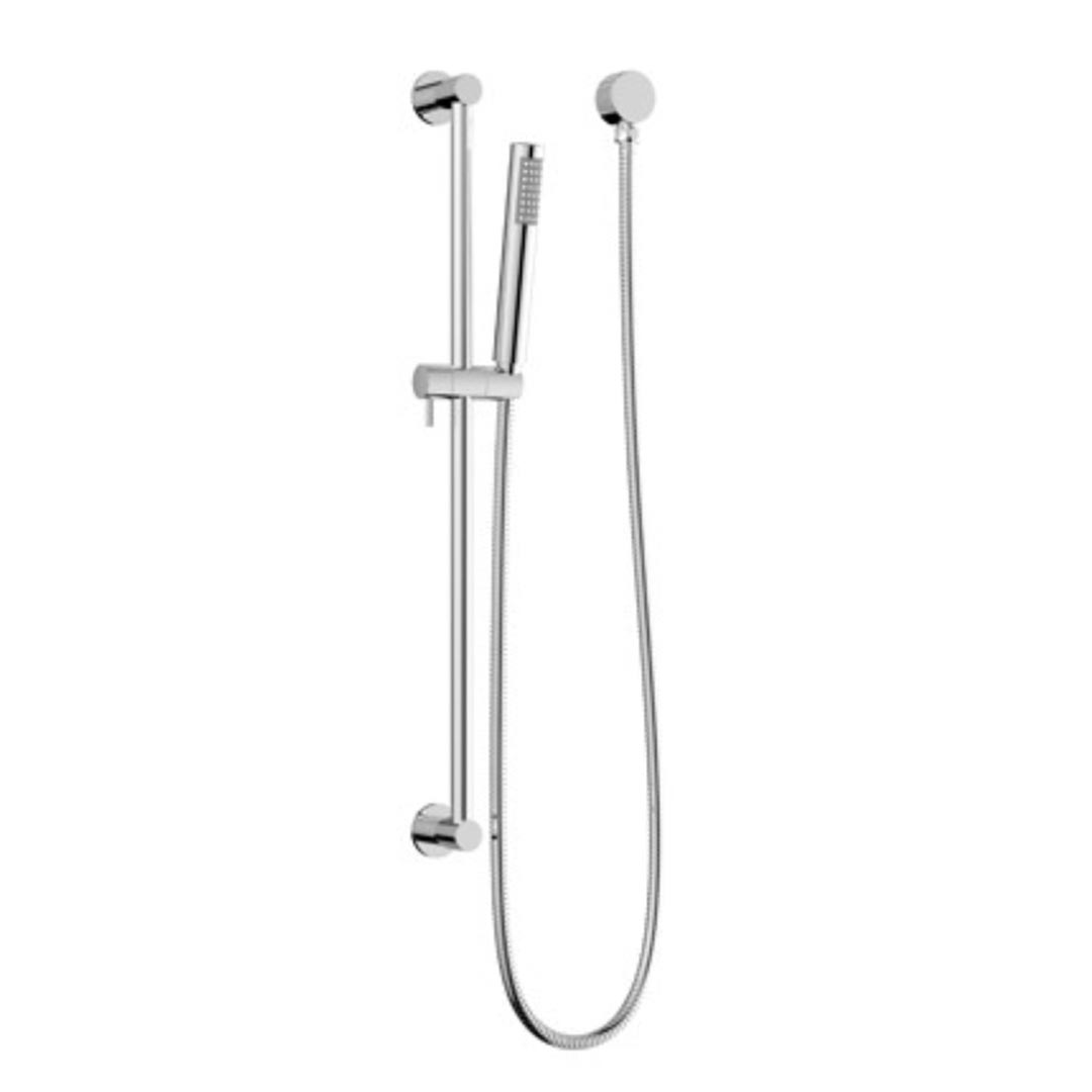 Chrome slimline single rail shower with adjustable height and a sleek design.