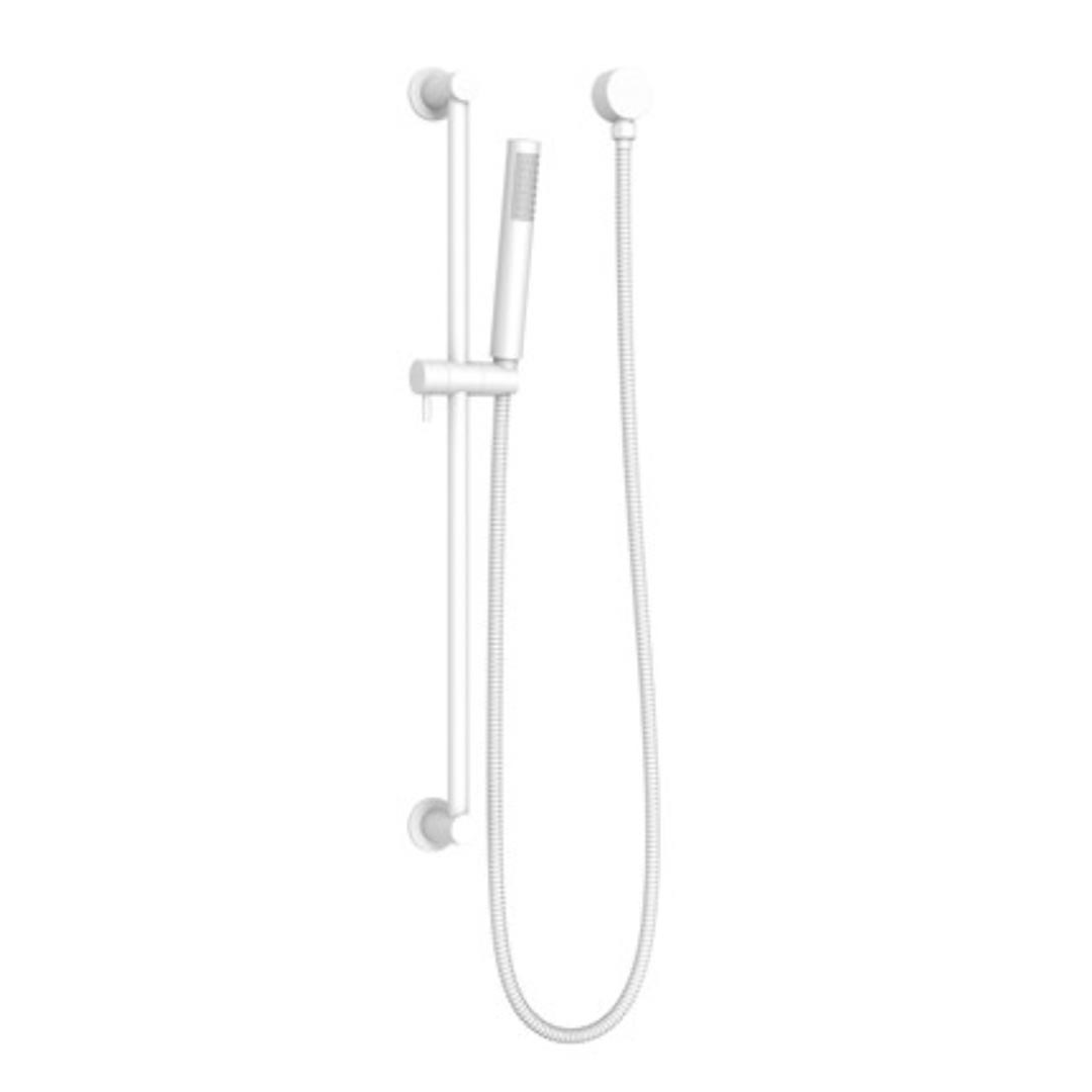 A matte white single rail shower with a sleek design, featuring a hand-held shower head and an adjustable rail.