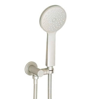 Brushed nickel hand shower on a hook with a slimline design