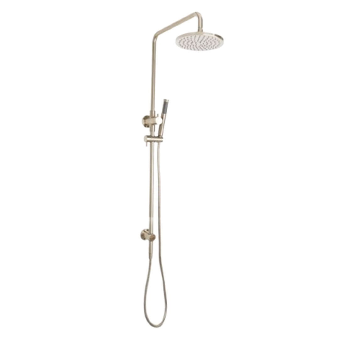 A combination shower rail with a warm brushed nickel finish, featuring a larger overhead shower and a smaller handheld showerhead.