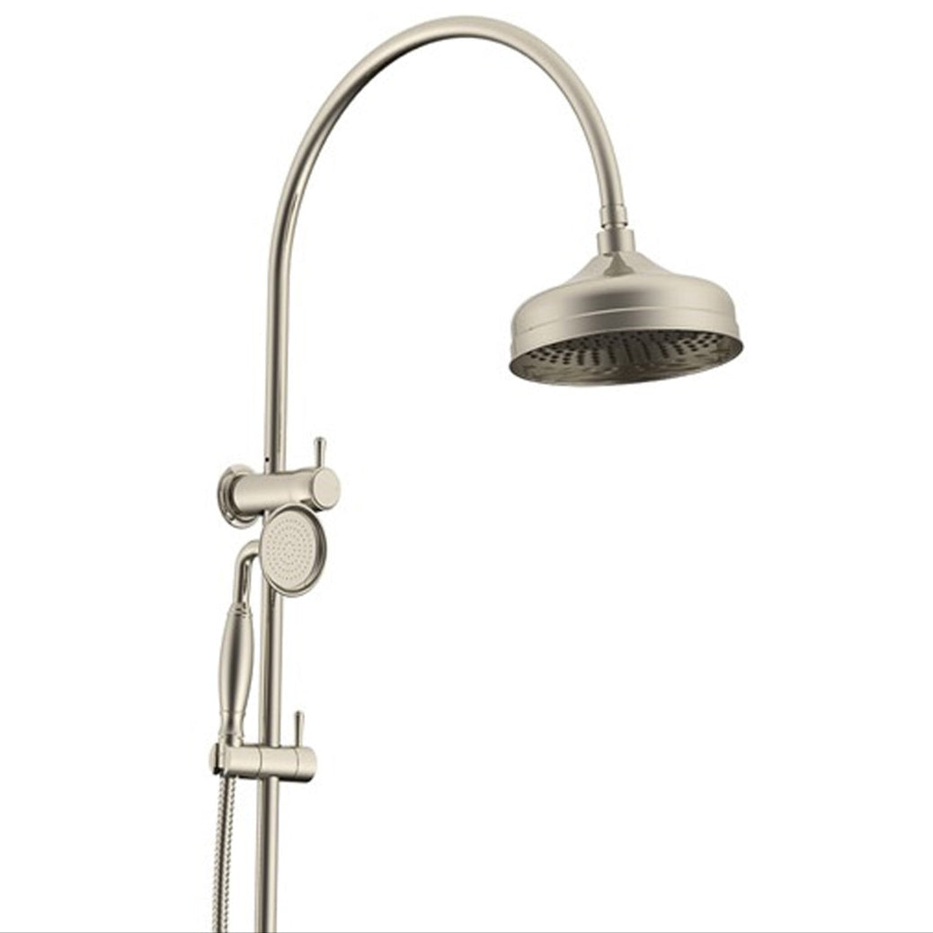 A brushed nickel twin shower head with a gooseneck arm and a handheld showerhead.