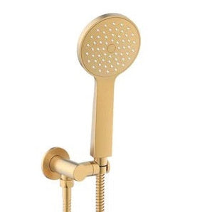 A brushed brass hand-held shower on a hook with a slimline design and multiple nozzles.
