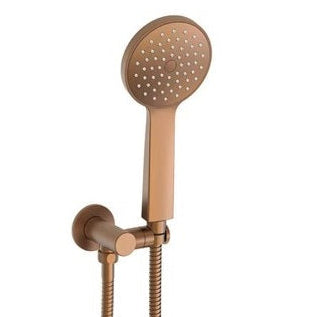 Brushed copper hand-held shower on a bracket with a single large rainfall shower head and a smaller spout, against a white background.
