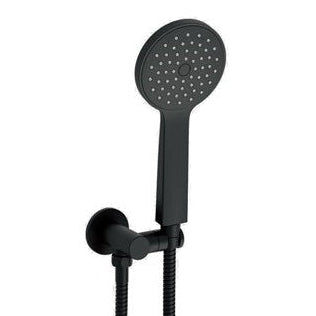 A matte black hand-held shower on a hook, with a slimline design and multiple nozzles.