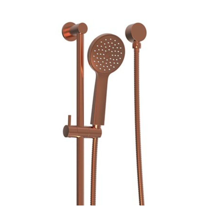 A modern wall-mounted shower system with a round handheld showerhead, flexible hose, and vertical slide bar in a warm copper or bronze finish.