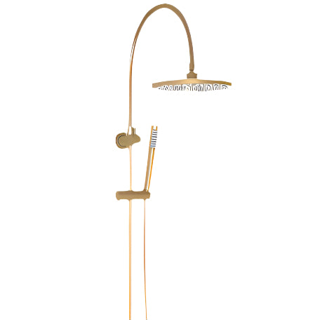 A brushed brass shower set with a gooseneck design, including a overhead rain shower head and a handheld shower unit.
