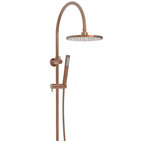 Brushed copper gooseneck twin shower set with a handheld shower arm and a rainfall shower head.