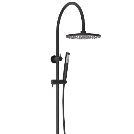 Gooseneck matte black twin shower system, includes over head shower and sleek detachable hand held shower arm.
