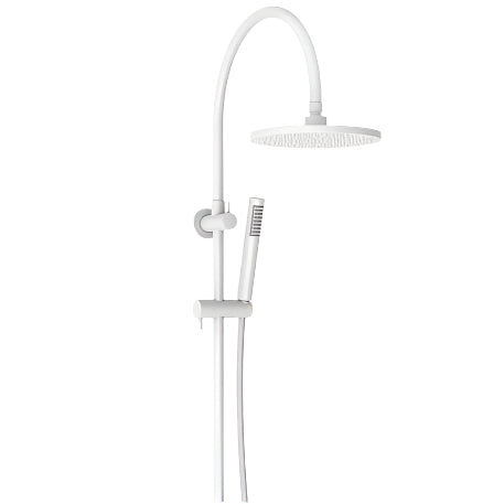 A matte white gooseneck twin shower set with a handheld shower arm and rainfall shower head.