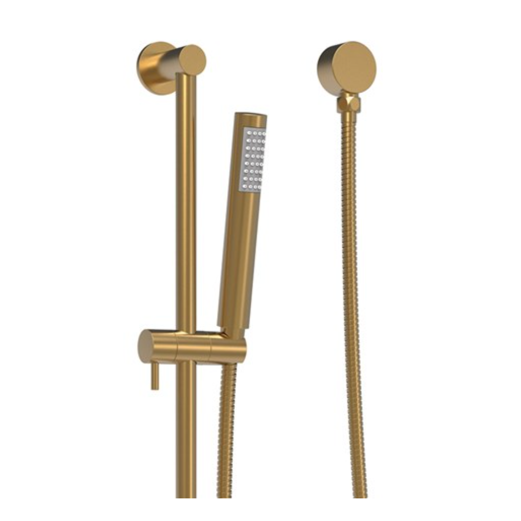 Gold-finished handheld shower system with a wall-mounted slide bar, round wall plate, flexible hose, and matching handheld shower head on a plain white background.