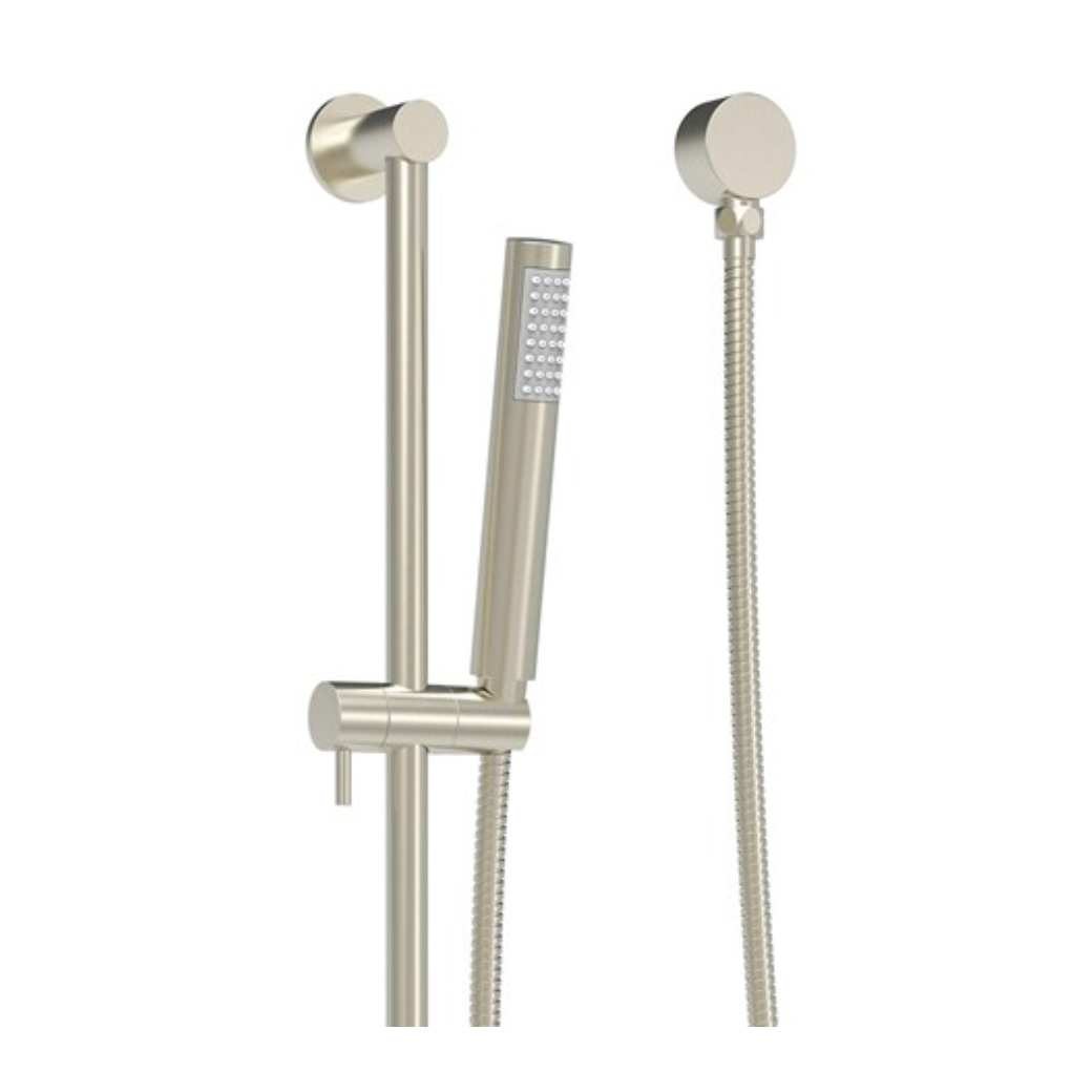 A modern wall-mounted shower system with a handheld shower head, flexible hose, and vertical slide bar in a brushed nickel finish, shown on a plain white background with small interface icons on the right side.