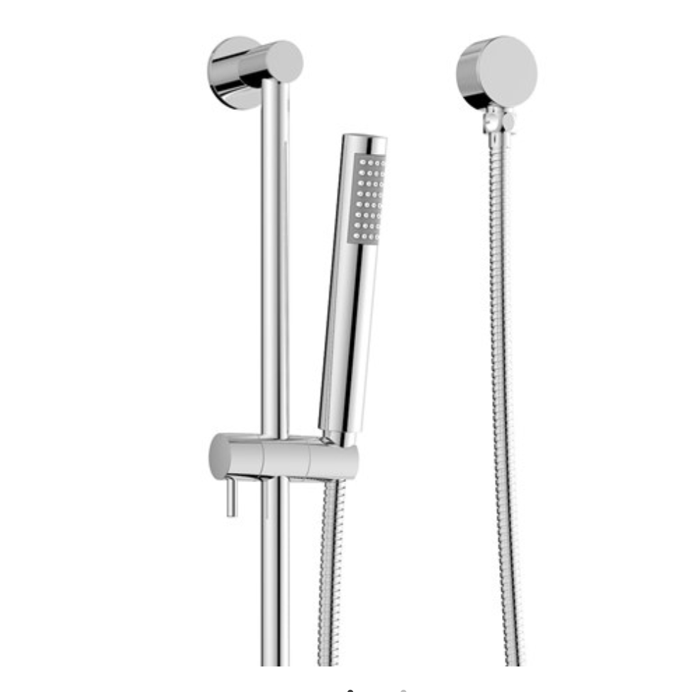 A polished chrome handheld shower head with a flexible hose and wall-mounted slide bar set against a plain white background.