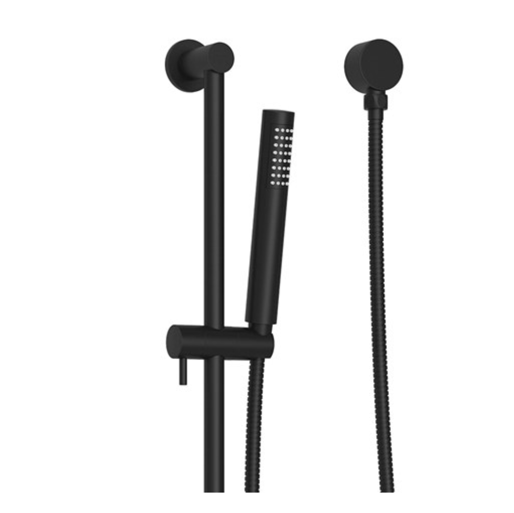 Matte black single rail shower with a sleek design and adjustable height, featuring a hand-held shower head and a fixed rail.