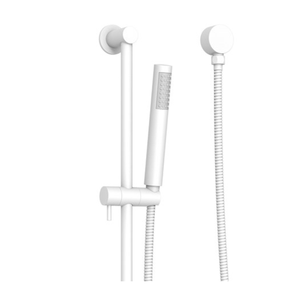 White wall-mounted shower system with a vertical slide bar, handheld shower head, and flexible hose on a plain white background.