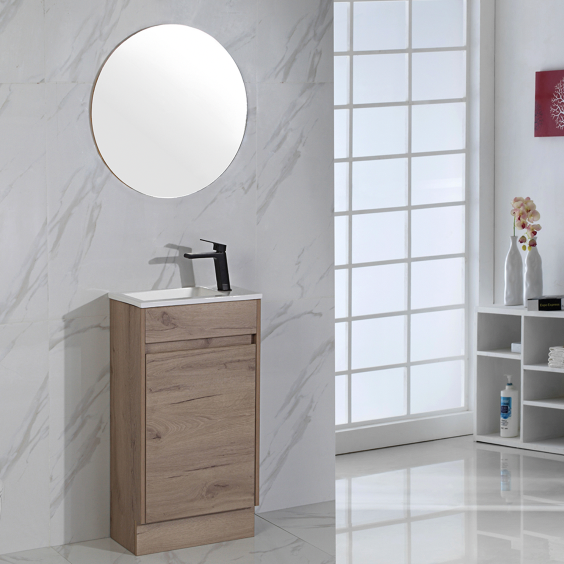 floor standing timber vanity with ceramic top and matte black basin mixer tap