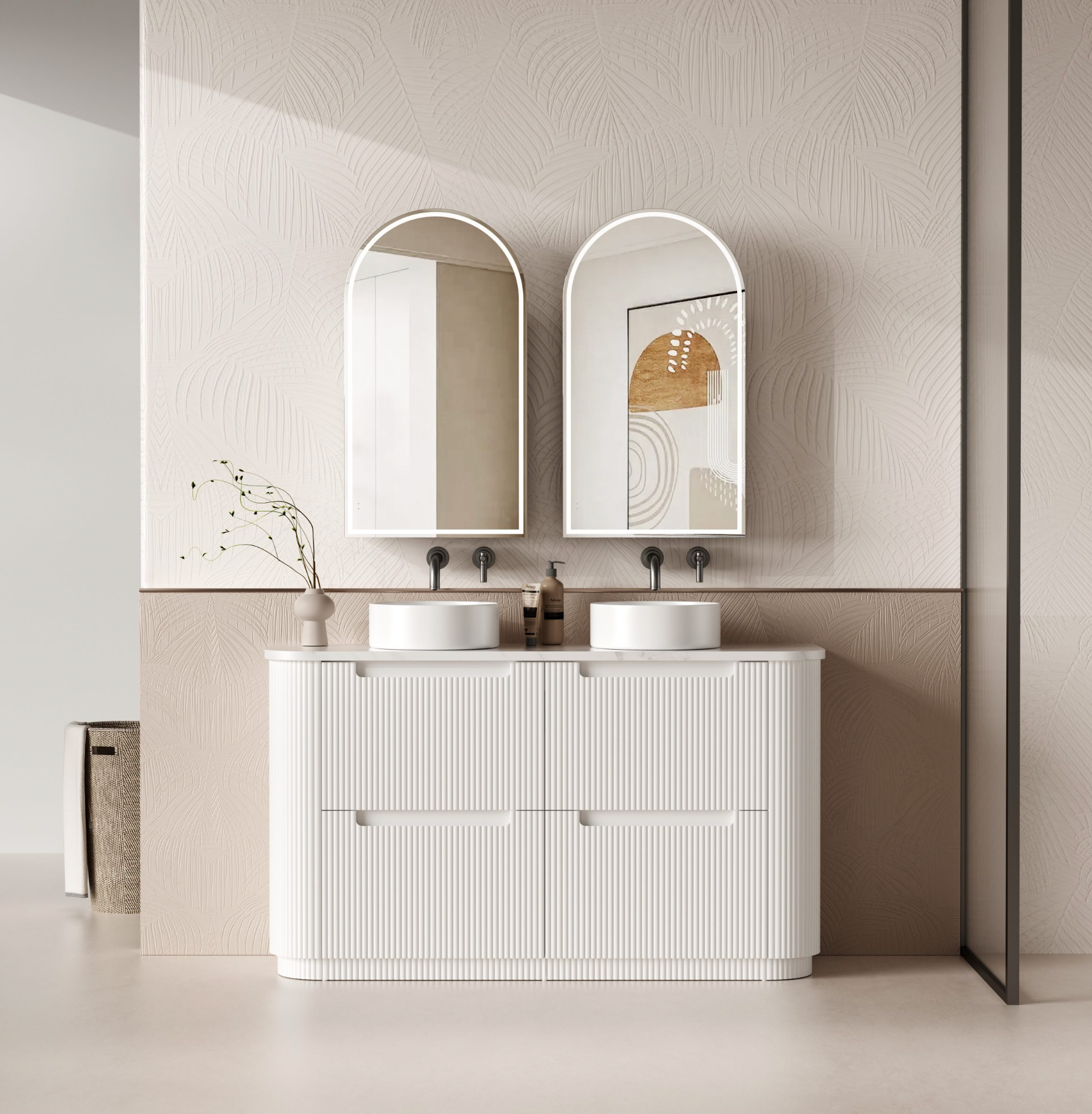 1500mm Curved v- groove double draw matte white floor standing vanity