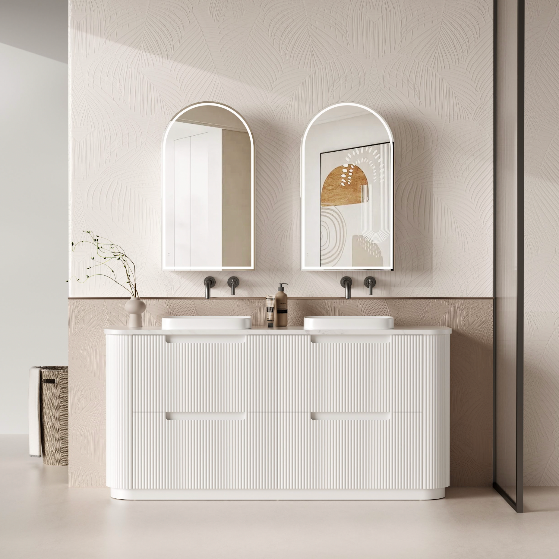 1800mm Curved v- groove double draw matte white floor standing vanity