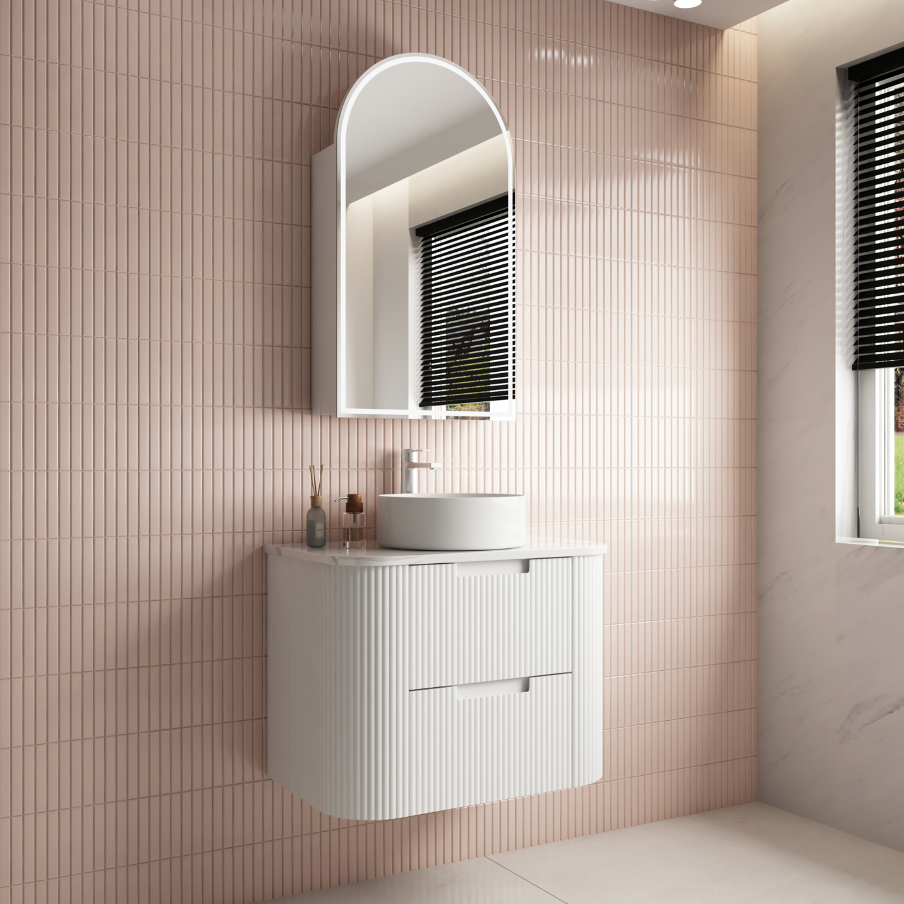 750mm matte white wall hung fluted vanity with finger pull soft close drawers