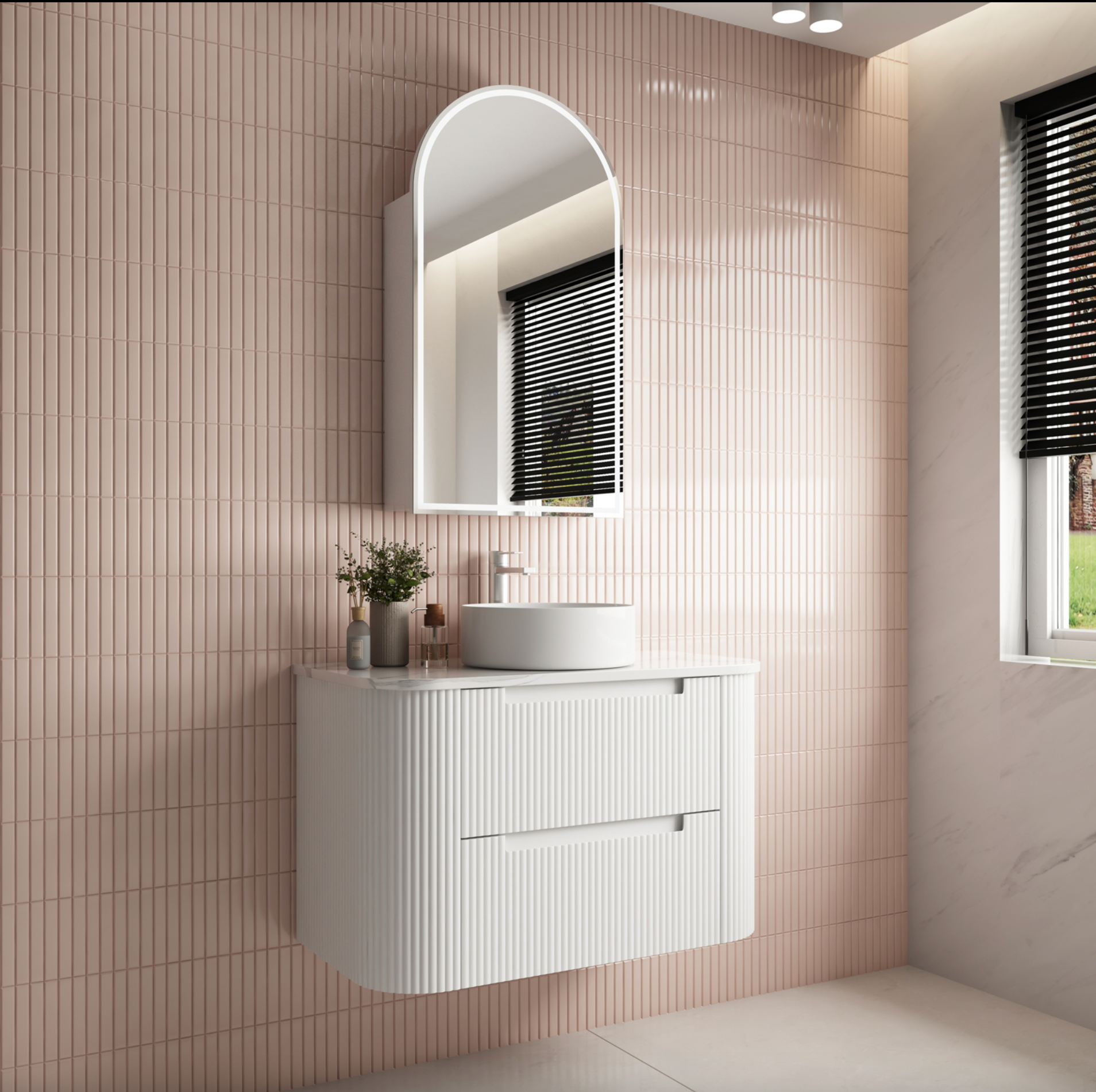 900mm matte white wall hung fluted vanity with finger pull soft close drawers