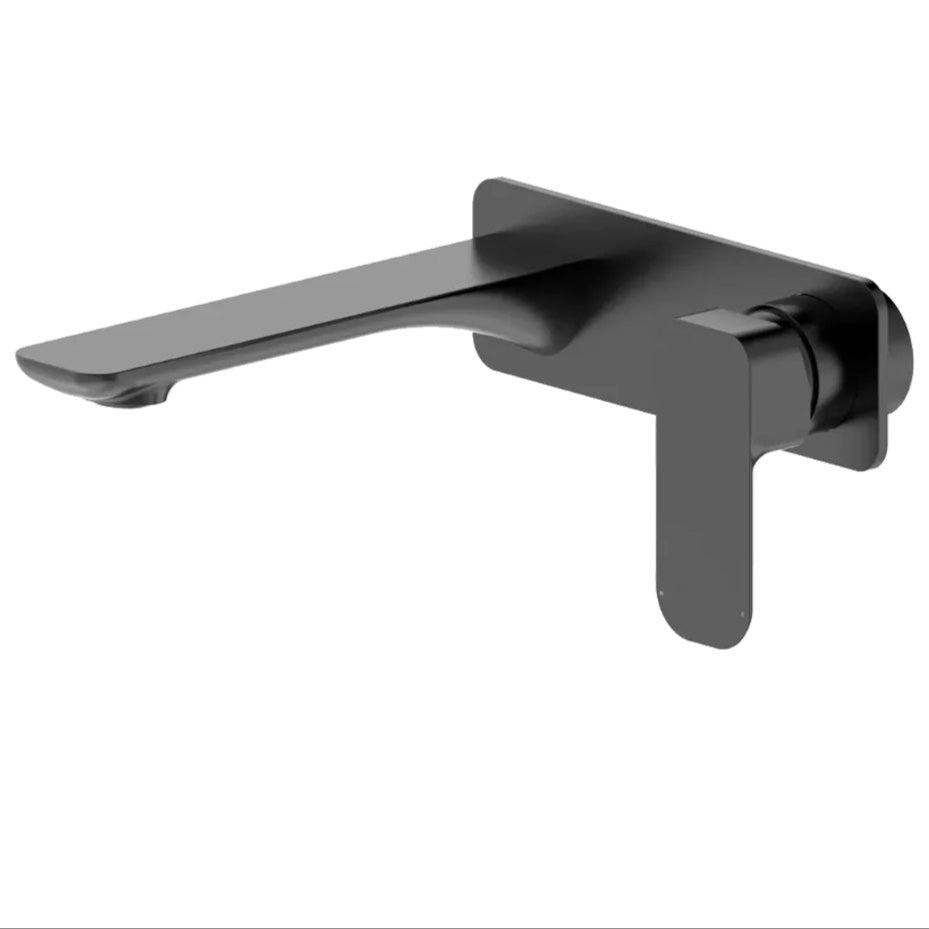 Gun metal wall basin mixer tap set with a sleek design, featuring a slimline spout and integrated mixer and backplate.