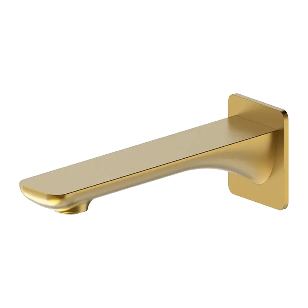 Brushed gold PVD finish bath spout with a slimline backplate design.