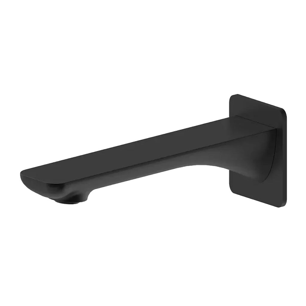 A matte black bath spout with a low-profile and slimline backplate design.