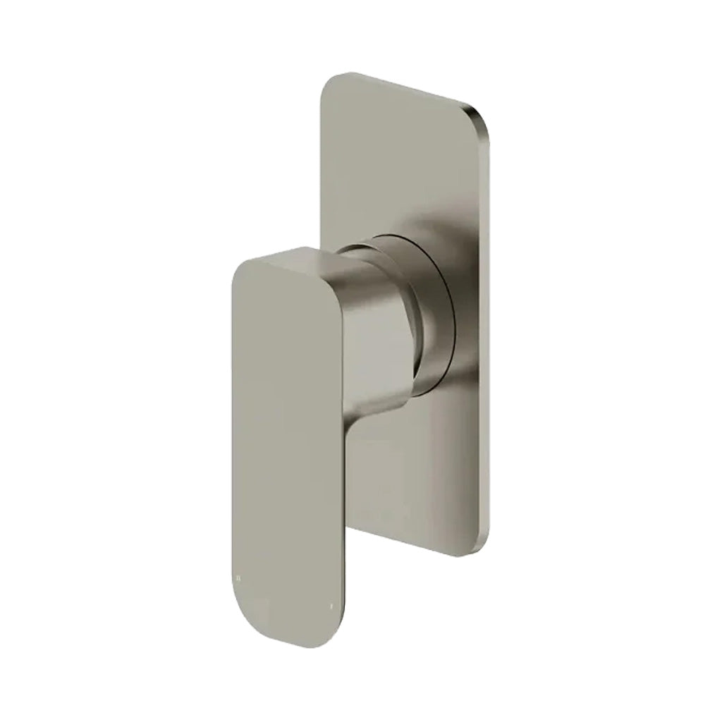 Brushed nickel inwall mixer tap with a square backplate and a matching handle.
