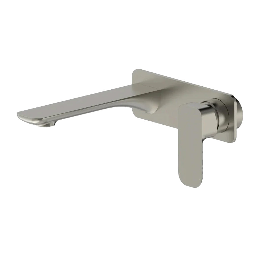 Brushed Nickel wall basin mixer tap set with a slimline spout and seamlessly integrated mixer and backplate.