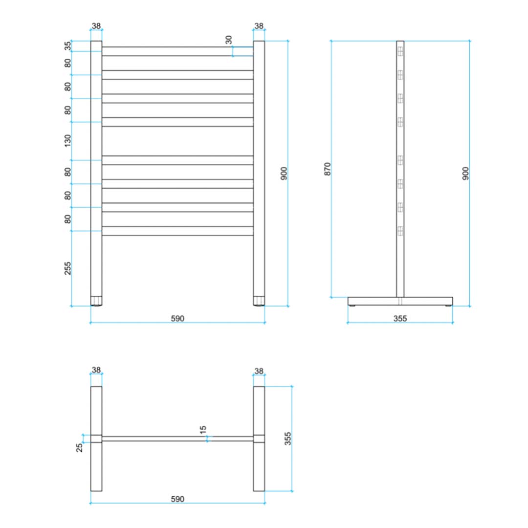 Thermogroup 8 Bar Thermorail Straight Square Flat Free-Standing Heated Towel Rail Polished Stainless Steel 590x900mm