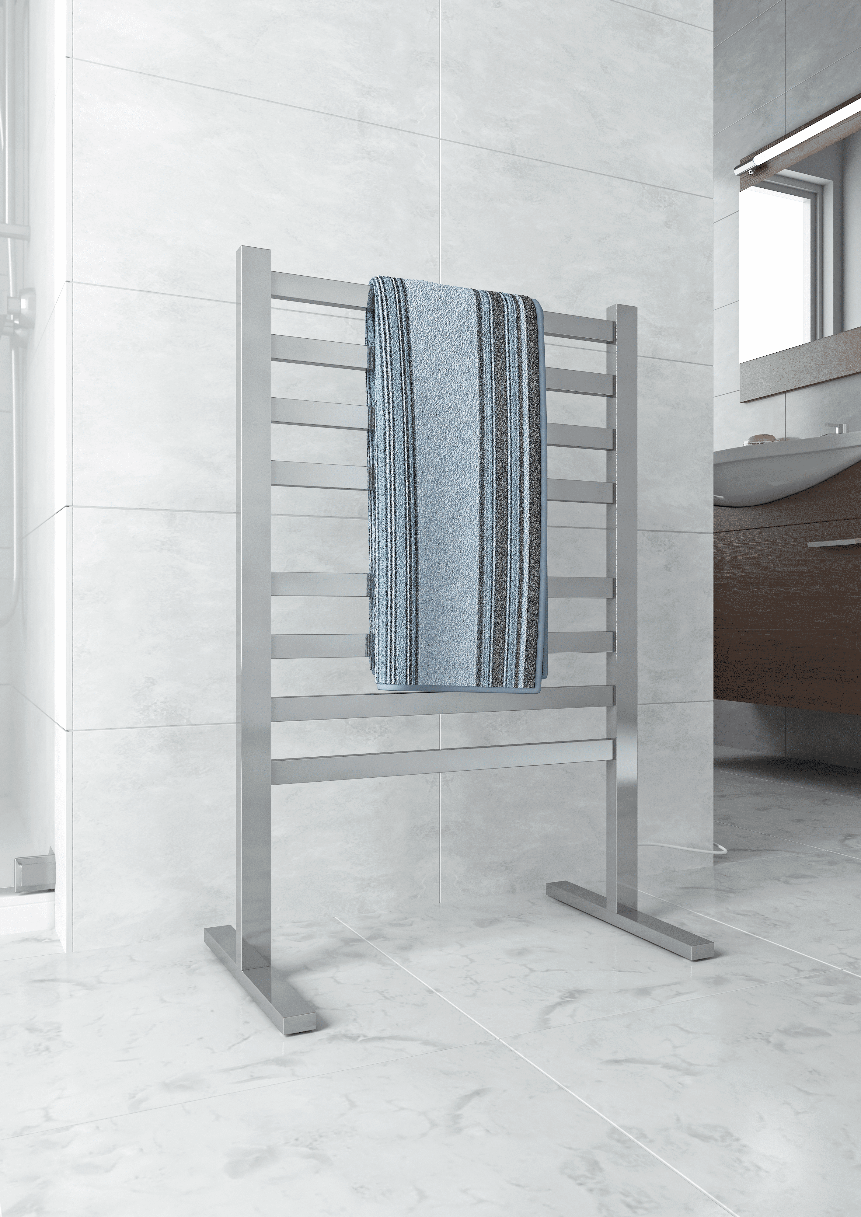 Thermogroup 8 Bar Thermorail Straight Square Flat Free-Standing Heated Towel Rail Polished Stainless Steel 590x900mm