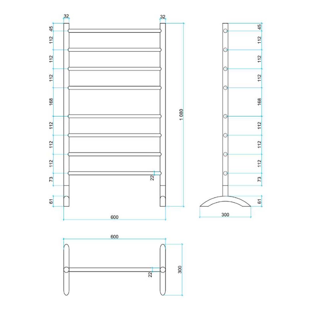 Thermogroup 8 Bar Straight Round Thermorail Free-Standing Heated Towel Rail Polished Stainless Steel 600x1080mm