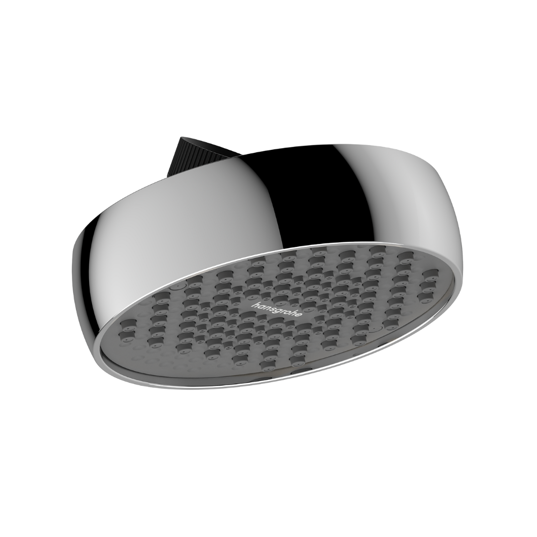 A modern round adjustable shower head with a polished chrome finish and a graphite spray face. shown at an angle on a white background.