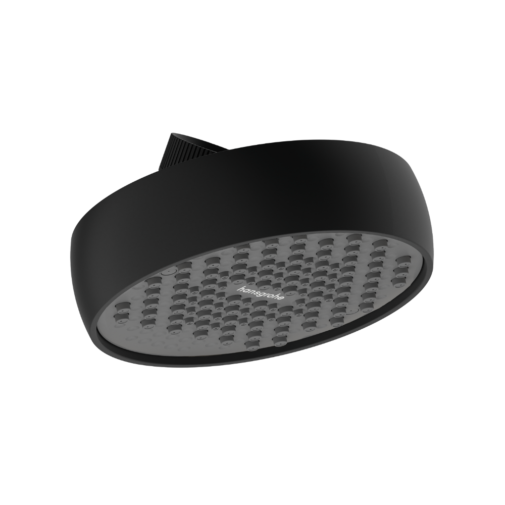 A matte black round shower head with a textured graphite spray face.