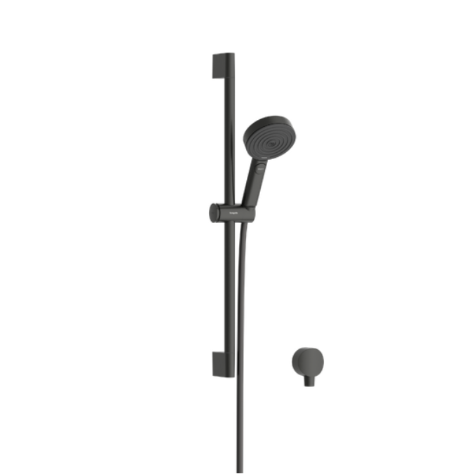 The image shows a Hansgrohe Pulsify Select S 105 3 Jet Relaxation Single Rail Shower in Brushed Black Chrome. It includes a large overhead shower and a smaller hand-held shower head.