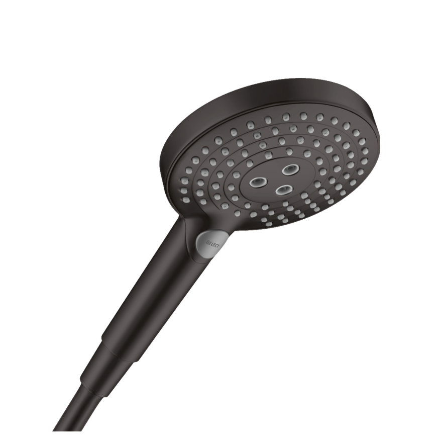 Black shower head on a white background