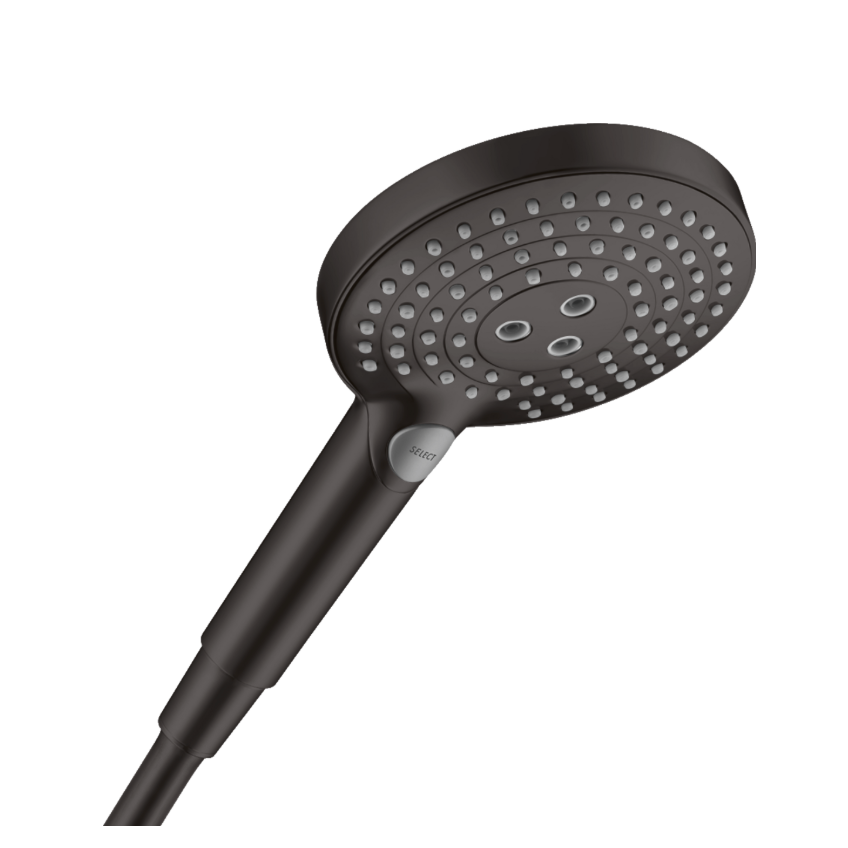Black shower head on a white background