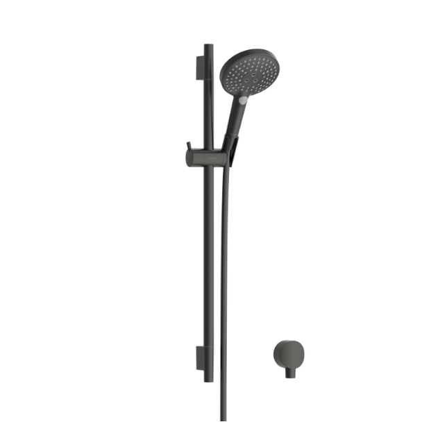 Black shower set with handheld showerhead and control handle on