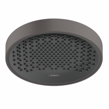 A Brushed Black chrome Hansgrohe Rainfinity 250 jet overhead shower head with a visible brand marking.
