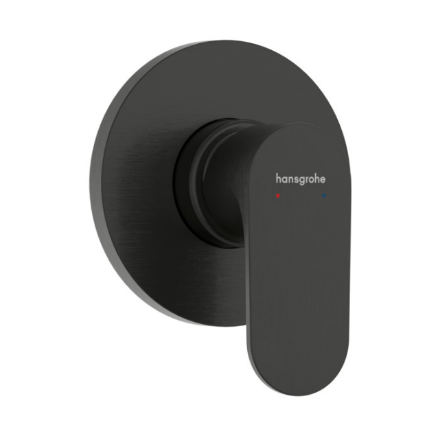 Black shower control valve with Hansgrohe logo on a white background