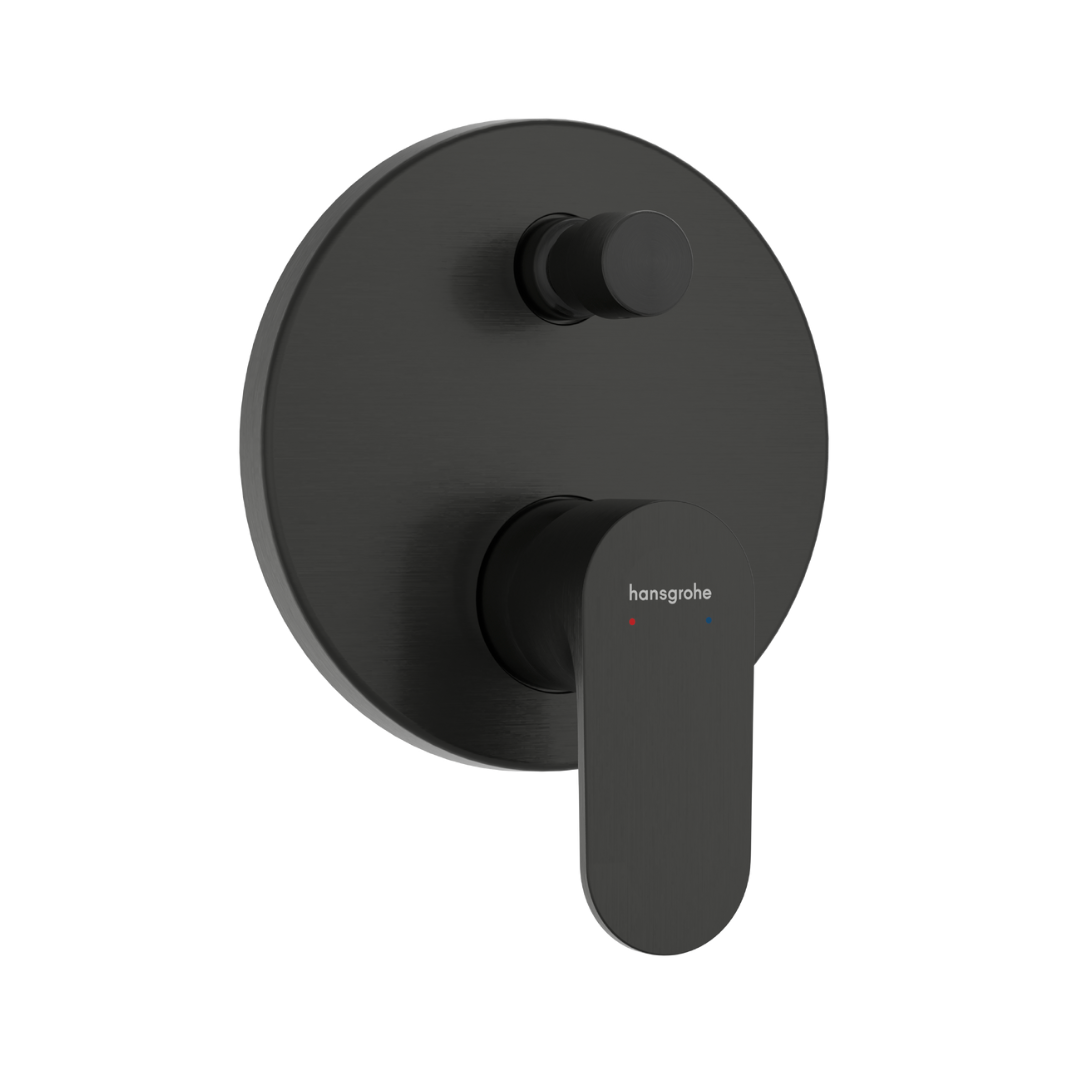 Black bathroom fixture with 'hansgrohe' branding on a white background